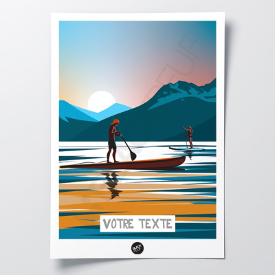 Wall poster of a paddle outing in the middle of a lake at sunset, in light, warm colours for decoration Wall poster of a paddle outing in the middle of a lake at sunset, in light, warm colours for decoration