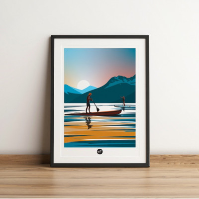Wall poster of a paddle outing in the middle of a lake at sunset, in light, warm colours for decoration Wall poster of a paddle outing in the middle of a lake at sunset, in light, warm colours for decoration