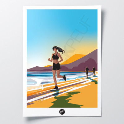 Poster da parete di un corridore sulla spiaggia al tramonto, in colori chiari e caldi per la decorazione Poster da parete di un corridore sulla spiaggia al tramonto, in colori chiari e caldi per la decorazione