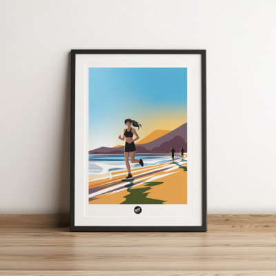 Poster da parete di un corridore sulla spiaggia al tramonto, in colori chiari e caldi per la decorazione Poster da parete di un corridore sulla spiaggia al tramonto, in colori chiari e caldi per la decorazione