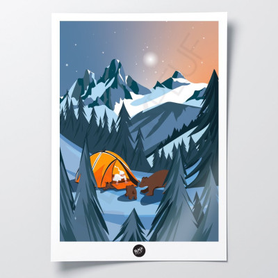 Affiche murale d’une nuit en tente avec des ours aux couleurs bleu et jaune pour décoration Affiche murale d’une nuit en tente avec des ours aux couleurs bleu et jaune pour décoration