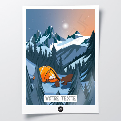 Affiche murale d’une nuit en tente avec des ours aux couleurs bleu et jaune pour décoration Affiche murale d’une nuit en tente avec des ours aux couleurs bleu et jaune pour décoration