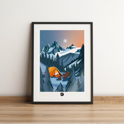 Affiche murale d’une nuit en tente avec des ours aux couleurs bleu et jaune pour décoration Affiche murale d’une nuit en tente avec des ours aux couleurs bleu et jaune pour décoration