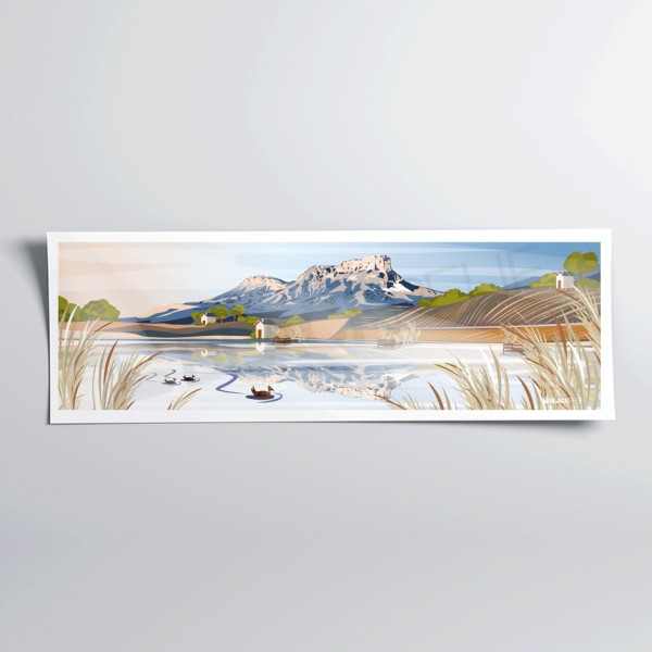 Wandposter mit der Darstellung des Herzens von Savoyen, der Berge von Savoyen und eines blau-beigen Sees als Dekoration.