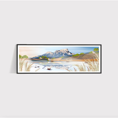 Wandposter mit der Darstellung des Herzens von Savoyen, der Berge von Savoyen und eines blau-beigen Sees als Dekoration. Wandposter mit der Darstellung des Herzens von Savoyen, der Berge von Savoyen und eines blau-beigen Sees als Dekoration.