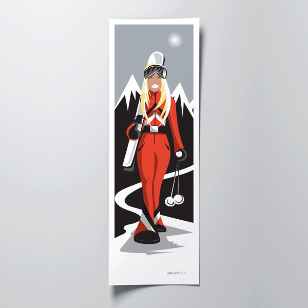 Poster da parete di una sciatrice bionda in rosso, bianco e grigio per decorazione