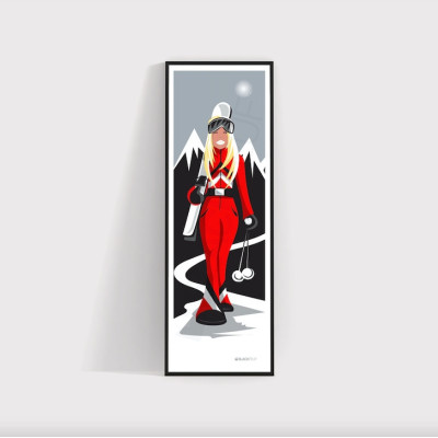 Poster da parete di una sciatrice bionda in rosso, bianco e grigio per decorazione Poster da parete di una sciatrice bionda in rosso, bianco e grigio per decorazione