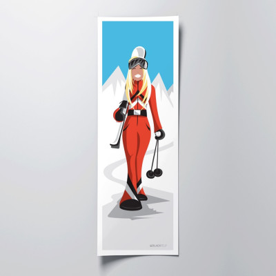 Affiche murale d’une skieuse blonde aux couleurs rouge, blanc et bleu pour décoration Affiche murale d’une skieuse blonde aux couleurs rouge, blanc et bleu pour décoration