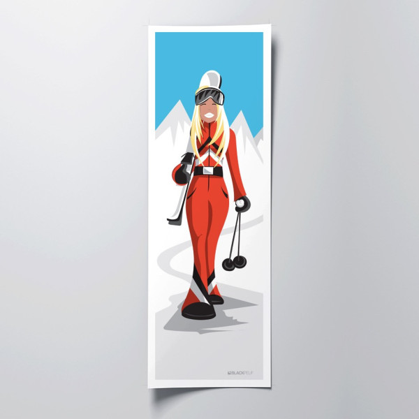 Wall poster of a blonde skier in red, white and blue for decoration