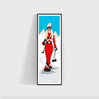Affiche murale d’une skieuse blonde aux couleurs rouge, blanc et bleu pour décoration Affiche murale d’une skieuse blonde aux couleurs rouge, blanc et bleu pour décoration