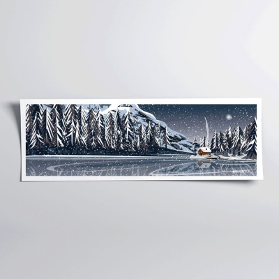 Affiche murale d’un chalet au bord d’un lac bleu et blanc pour la décoration Affiche murale d’un chalet au bord d’un lac bleu et blanc pour la décoration