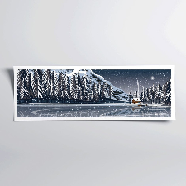 Poster murale di uno chalet in riva a un lago bianco e blu per decorazione