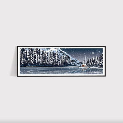 Poster murale di uno chalet in riva a un lago bianco e blu per decorazione Poster murale di uno chalet in riva a un lago bianco e blu per decorazione