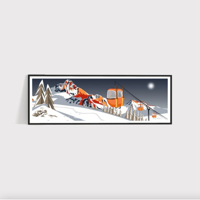 Wandposter einer Gondelbahn auf den Pisten in Orange und Weiß zur Dekoration Wandposter einer Gondelbahn auf den Pisten in Orange und Weiß zur Dekoration