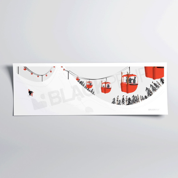 Affiche murale télécabines rouges sur pistes blanches pour décoration