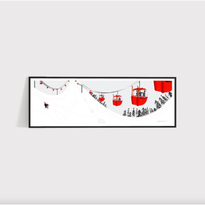 Affiche murale télécabines rouges sur pistes blanches pour décoration