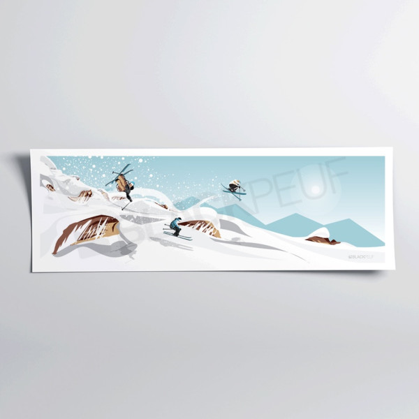 Poster murale di uno sciatore freeride fuori pista bianco e blu per decorazione