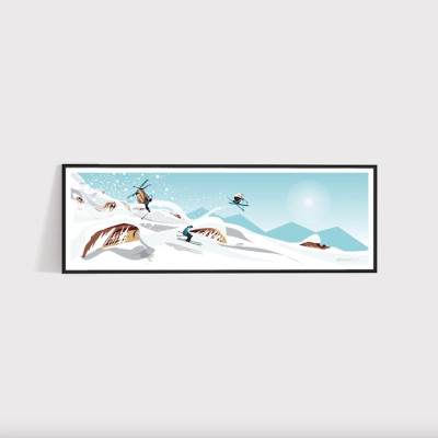 Poster murale di uno sciatore freeride fuori pista bianco e blu per decorazione Poster murale di uno sciatore freeride fuori pista bianco e blu per decorazione
