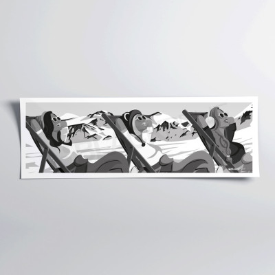 Retro black and white wall poster of three female skiers in deckchairs for decoration