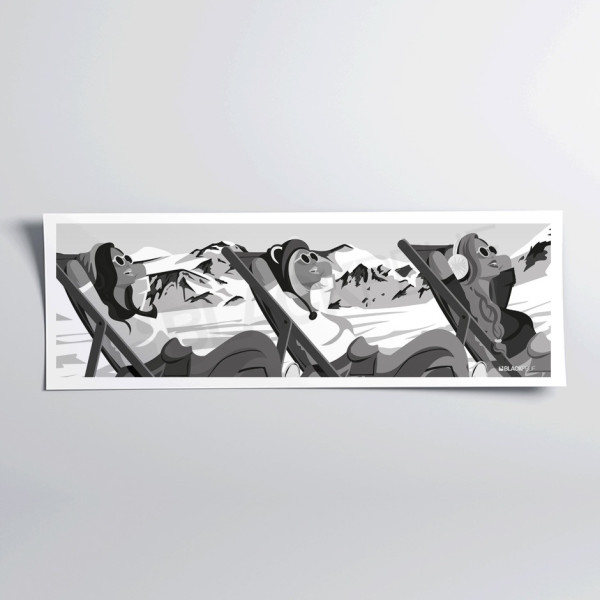 Retro black and white wall poster of three female skiers in deckchairs for decoration