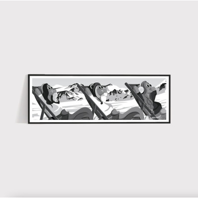 Retro black and white wall poster of three female skiers in deckchairs for decoration