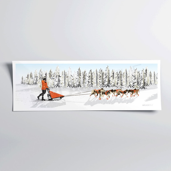 Affiche murale de chien de traîneau aux tons blanc, orange et gris pour décoration