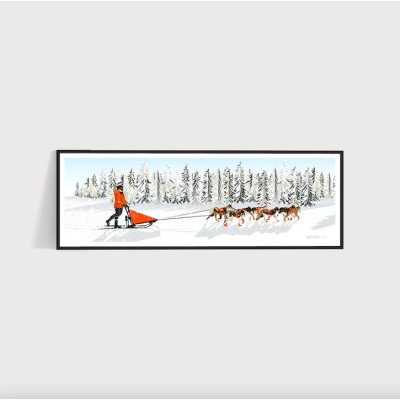 Affiche murale de chien de traîneau aux tons blanc, orange et gris pour décoration Affiche murale de chien de traîneau aux tons blanc, orange et gris pour décoration