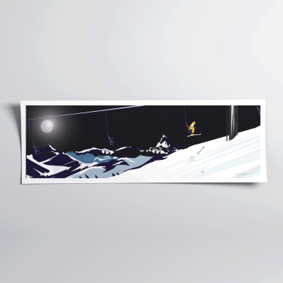 Wall poster of a skier on a chairlift losing his pole in black and white for decoration Wall poster of a skier on a chairlift losing his pole in black and white for decoration