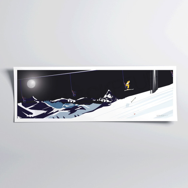Wall poster of a skier on a chairlift losing his pole in black and white for decoration
