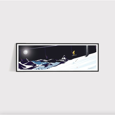 Wall poster of a skier on a chairlift losing his pole in black and white for decoration Wall poster of a skier on a chairlift losing his pole in black and white for decoration