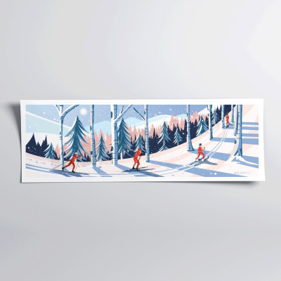 Poster murale di sci di fondo nella foresta in blu, bianco e rosso per decorazione Poster murale di sci di fondo nella foresta in blu, bianco e rosso per decorazione
