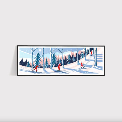 Poster murale di sci di fondo nella foresta in blu, bianco e rosso per decorazione Poster murale di sci di fondo nella foresta in blu, bianco e rosso per decorazione