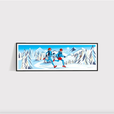 Affiche murale traileurs dans la neige, couleurs bleu, blanc et rouge pour décoration Affiche murale traileurs dans la neige, couleurs bleu, blanc et rouge pour décoration