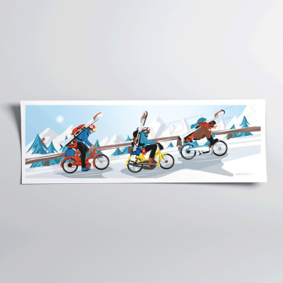 Humorous red, blue and yellow Brelon skiers wall poster for decoration Humorous red, blue and yellow Brelon skiers wall poster for decoration