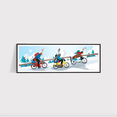 Humorous red, blue and yellow Brelon skiers wall poster for decoration Humorous red, blue and yellow Brelon skiers wall poster for decoration
