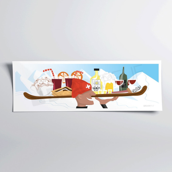 Affiche murale d’un barman des Alpes aux tons rouge, jaune et bleu pour décoration