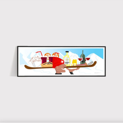 Wandposter eines Alpen-Barkeepers in Rot-, Gelb- und Blautönen zur Dekoration Wandposter eines Alpen-Barkeepers in Rot-, Gelb- und Blautönen zur Dekoration