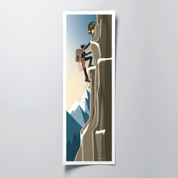Dekoratives Wandposter mit der Abbildung eines Steinbocks, der die braunen Berge erklimmt.