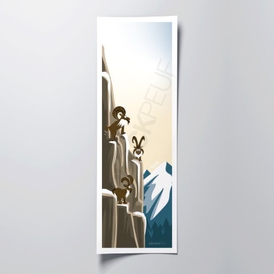 Dekoratives Wandposter mit dem Bild eines linkshändigen Steinbocks beim Erklimmen der Brown Mountains. Dekoratives Wandposter mit dem Bild eines linkshändigen Steinbocks beim Erklimmen der Brown Mountains.