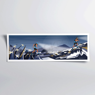 Wall poster with the illustration of a trail with a working headlamp in the mountains at night, blue and purple, for decoration. Wall poster with the illustration of a trail with a working headlamp in the mountains at night, blue and purple, for decoration.