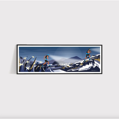 Poster da parete raffigurante un sentiero con una lampada frontale che corre di notte, blu e viola, a scopo decorativo. Poster da parete raffigurante un sentiero con una lampada frontale che corre di notte, blu e viola, a scopo decorativo.