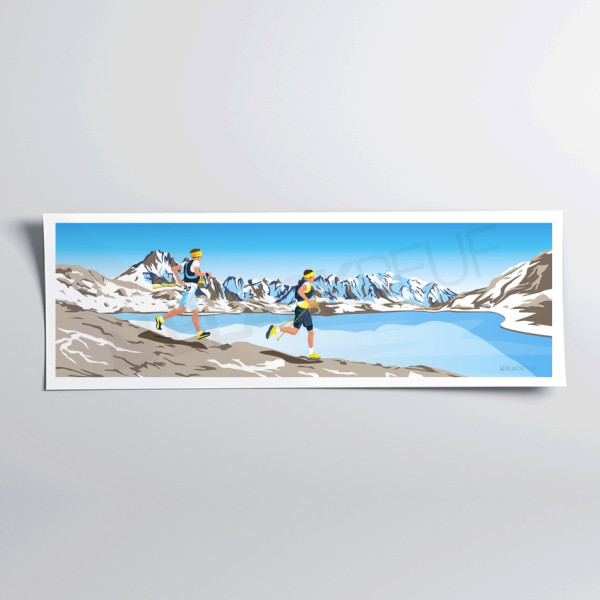 Trail wall poster by the blue lake runner in the mountains for decoration.