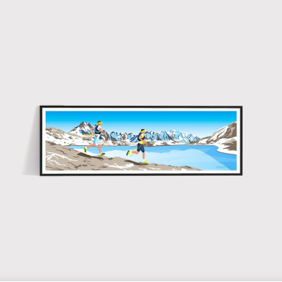 Trail wall poster by the blue lake runner in the mountains for decoration.