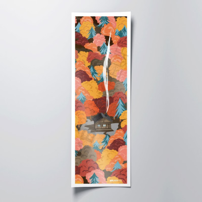 Dekoratives Wandposter mitten in der Hütte im orange-roten Wald. Dekoratives Wandposter mitten in der Hütte im orange-roten Wald.