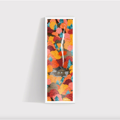 Affiche murale au milieu des bois cabane dans la forêt orange et rouge pour la décoration. Affiche murale au milieu des bois cabane dans la forêt orange et rouge pour la décoration.