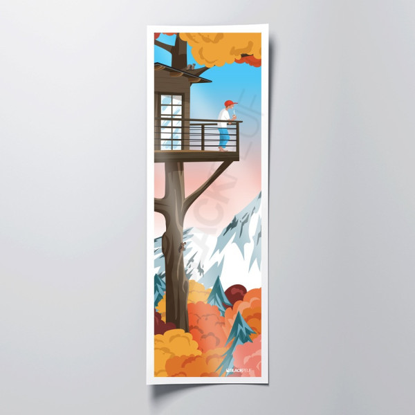 Bar sulla casa sull'albero nella foresta, poster murale arancione-giallo e blu per la decorazione.
