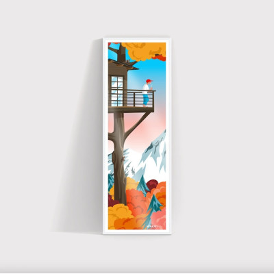 Bar sulla casa sull'albero nella foresta, poster murale arancione-giallo e blu per la decorazione. Bar sulla casa sull'albero nella foresta, poster murale arancione-giallo e blu per la decorazione.