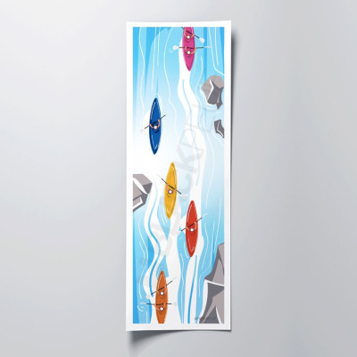 Poster murale colorato raffigurante una canoa su un lago blu, con canoe rosse, arancioni e blu come decorazione. Poster murale colorato raffigurante una canoa su un lago blu, con canoe rosse, arancioni e blu come decorazione.