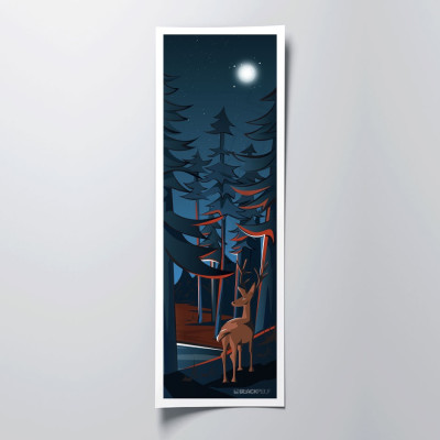 Vertical wall poster deer animal in the middle of the woods in the dark blue night for decoration. Vertical wall poster deer animal in the middle of the woods in the dark blue night for decoration.