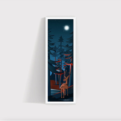 Vertical wall poster deer animal in the middle of the woods in the dark blue night for decoration. Vertical wall poster deer animal in the middle of the woods in the dark blue night for decoration.